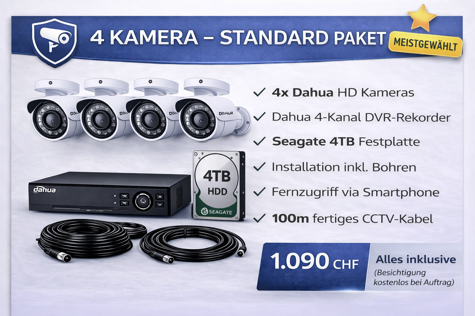 4’lü güvenlik kamerası seti – montaj ve kurulum dahil